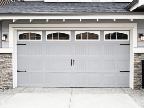 Newly Installed Garage Grey Garage Door With White Trim